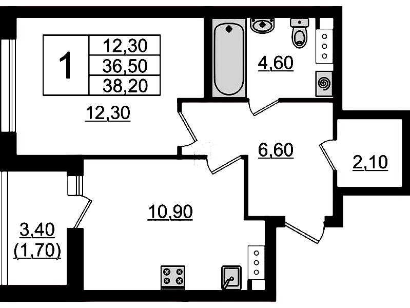 1-комнатная квартира 38.2 м², 8/9 эт., ЖК «А101 Лаголово»
